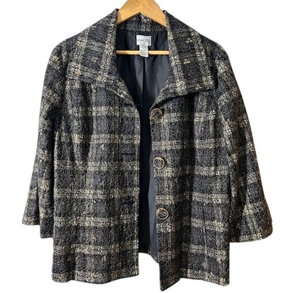 CHICO'S Black Tan Plaid Gold Lace Overlay 3/4 Sleeve Blazer Jacket Size 2 LARGE - Picture 1 of 15